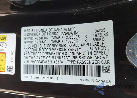 2025 Honda Civic Hybrid Sport/Sport Touring from USA, damaged, VIN 2HGFE4F88SH343378
